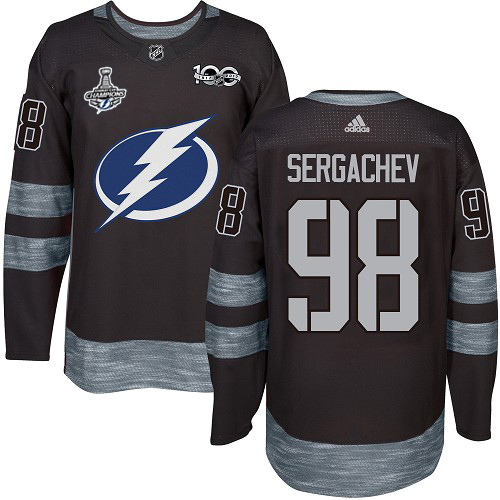 Men Adidas Tampa Bay Lightning #98 Mikhail Sergachev Black 1917-2017 100th Anniversary 2020 Stanley Cup Champions Stitched NHL Jersey